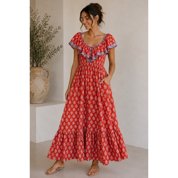 J. Crew Factory Dresses & Skirts - J.Crew Red Floral Tiered Maxi Dress Ruffle V-Neck Boho Cottagecore Womens 8